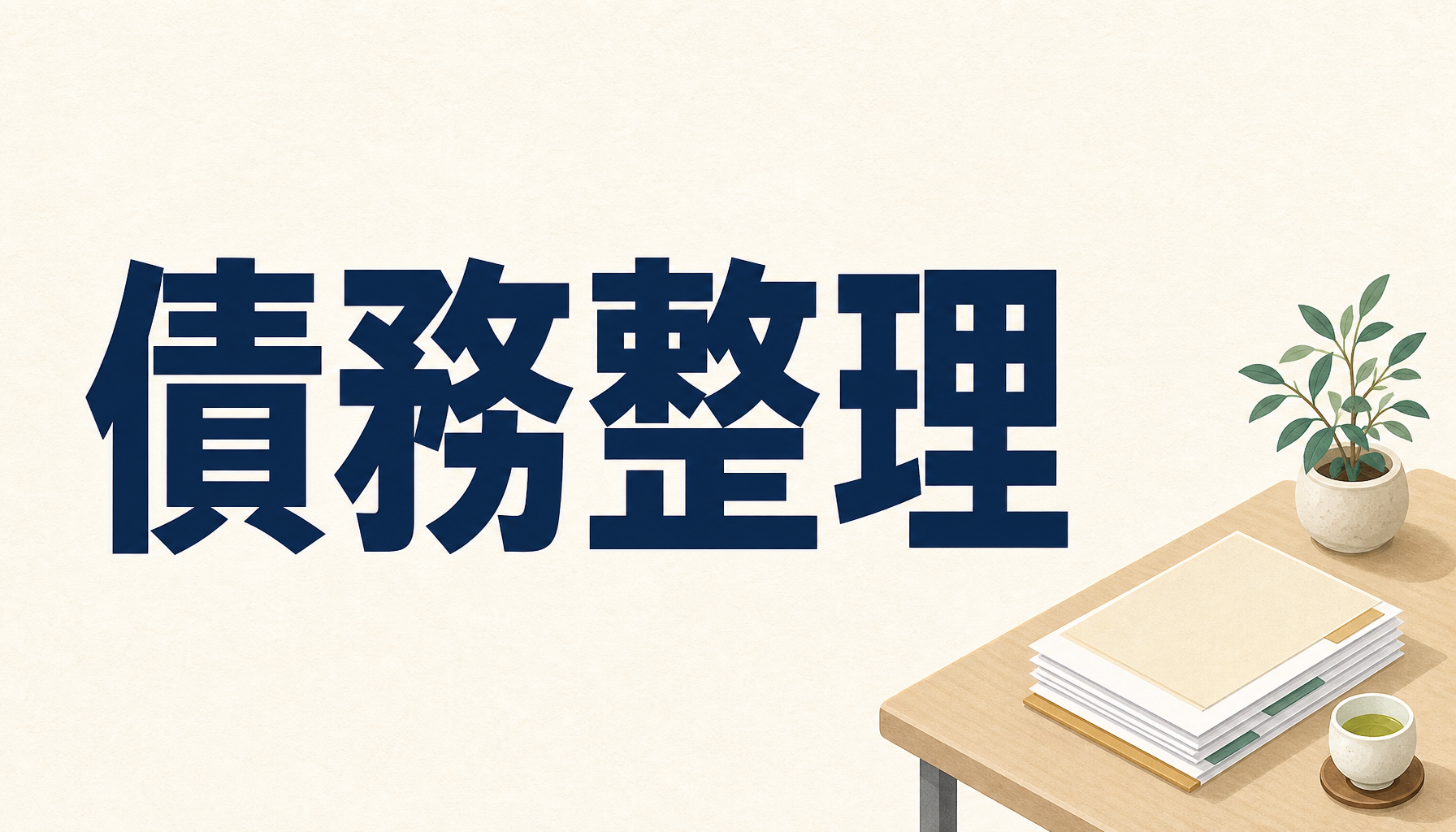 債務整理：相談机に整理された書類と湯呑みのイラスト
