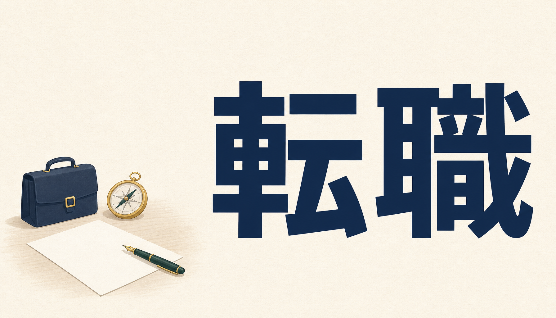 転職：机の上の書類と万年筆とカバンと方位磁針のイラスト
