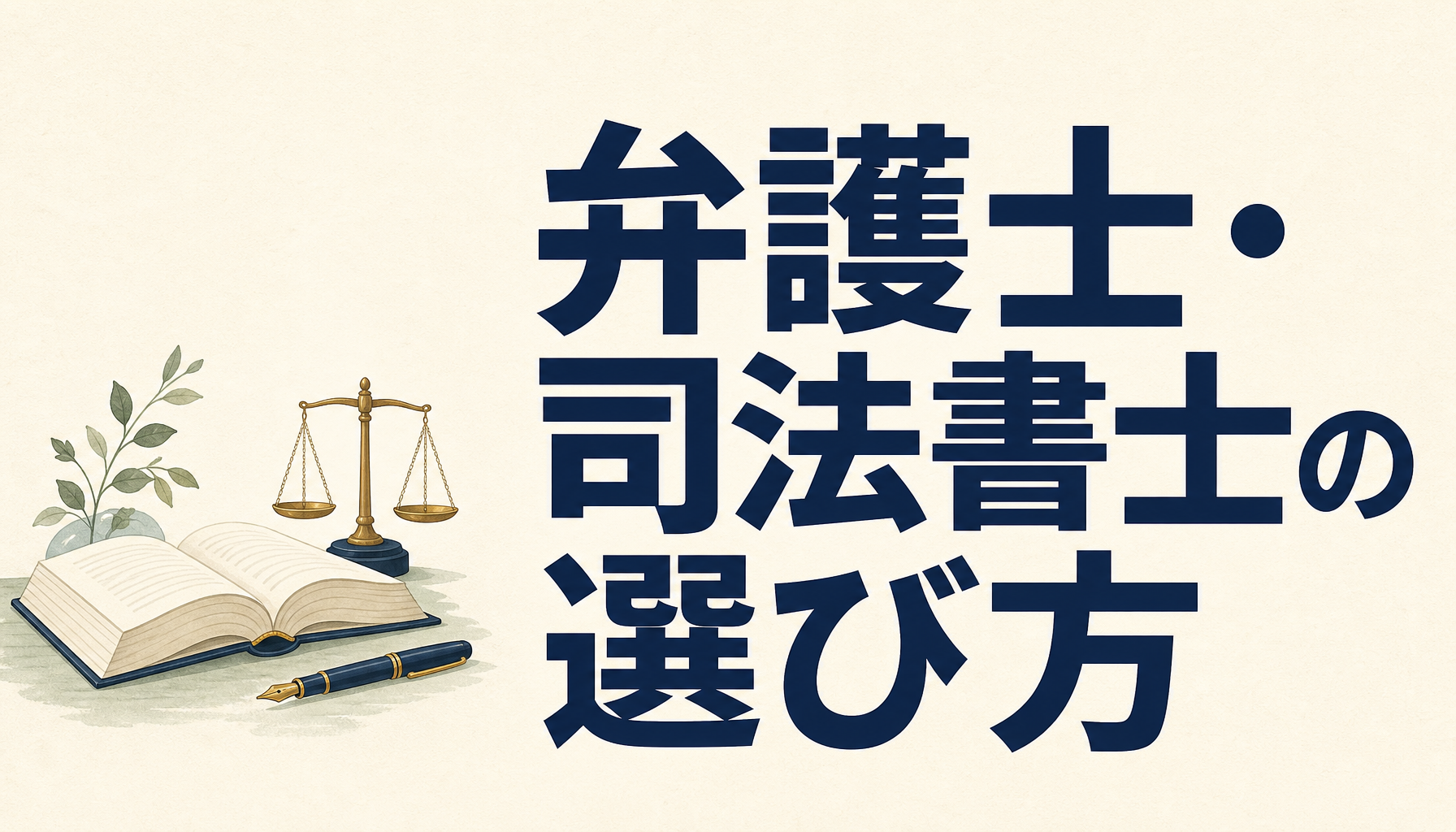 債務整理の相談に強い弁護士・司法書士：開いた本と万年筆と天秤のイラスト