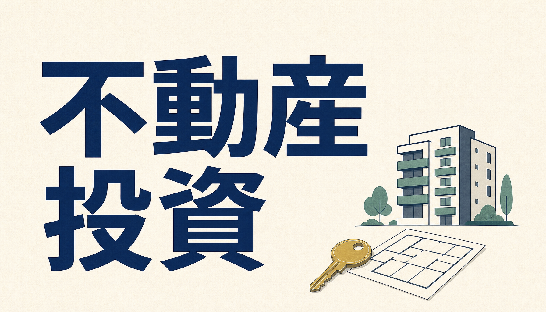 不動産投資:集合住宅のシルエットと鍵と間取り図のイラスト