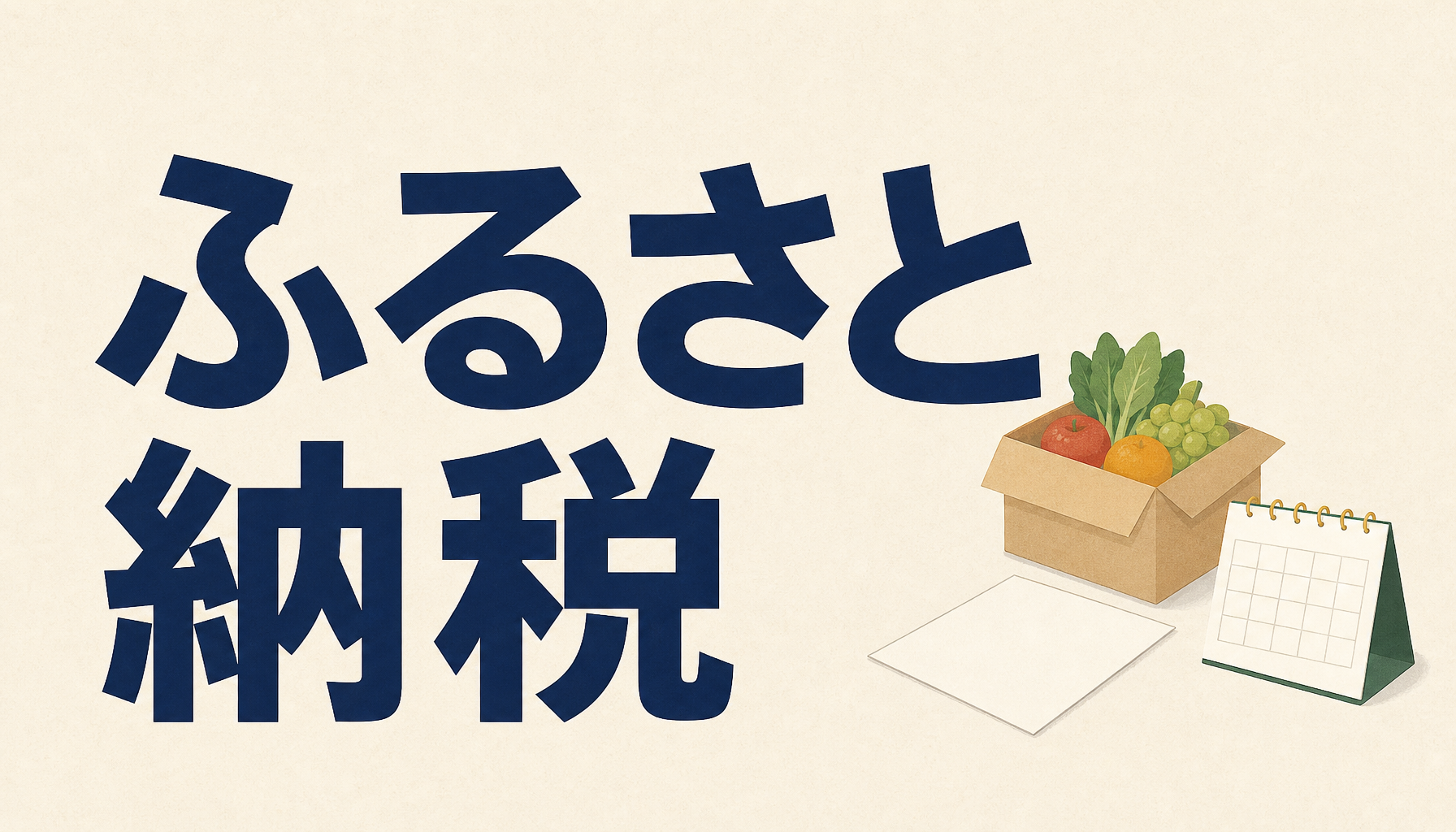 ふるさと納税:段ボール箱の野菜と果物と申請書とカレンダーのイラスト