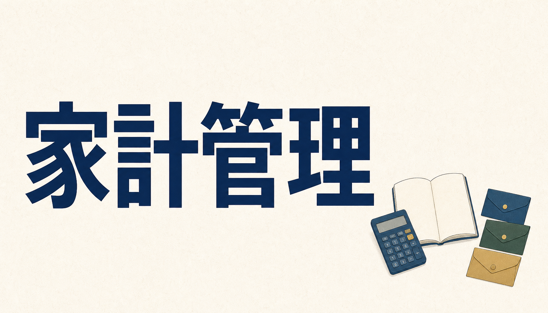 家計管理：開いたノートと電卓と3つに分けた封筒のイラスト