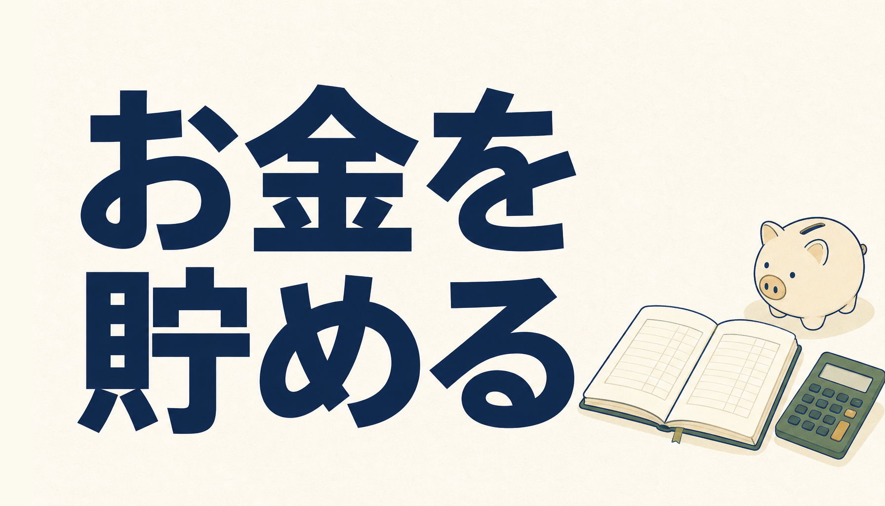お金を貯める：貯金箱と家計簿と電卓のイラスト
