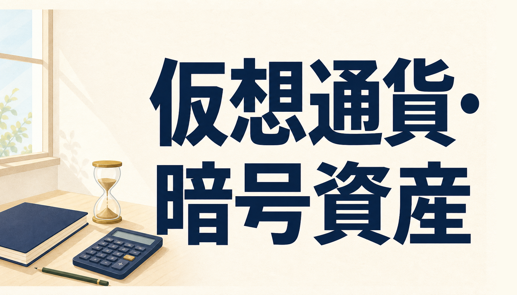 仮想通貨・暗号資産:ノートと電卓と砂時計を机に並べたイラスト